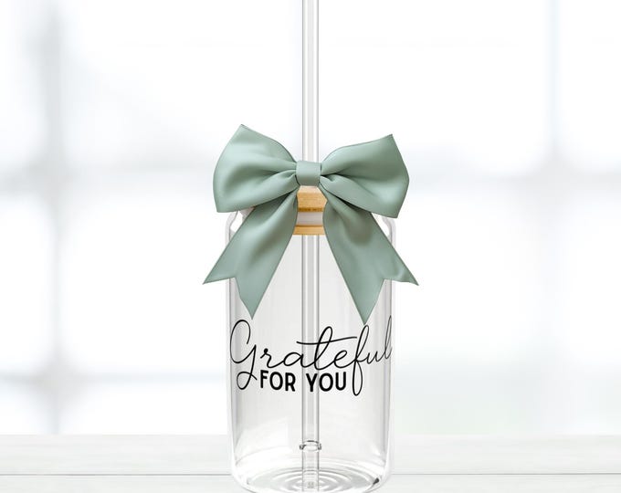 Grateful for You Glass Can Cup with Straw and Lid