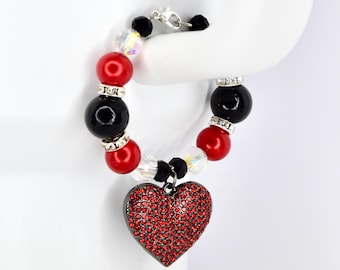 Red and Black Tumbler Handle Bracelet with Red Rhinestone Heart Charm