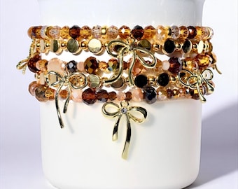 Chocolate Brown and Gold Bracelet Collection - Bow Charm Bracelets