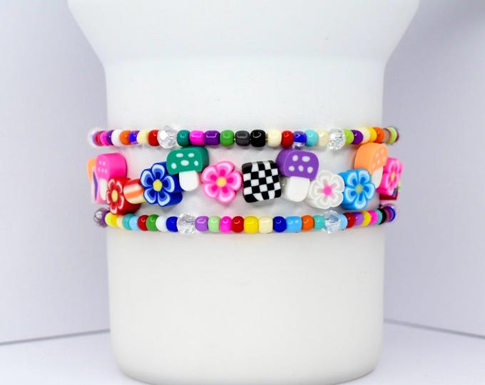 Flower and Mushroom Bracelet Stack – Beaded Tumbler or Wrist Bracelets