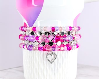 Heart Charm Bracelet Collection: Sparkling Pink and Silver Beaded Bracelets