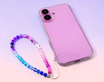 Ciondolo per cellulare con perline rosa, viola e blu.