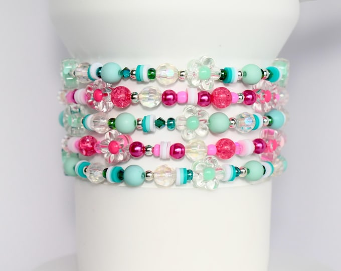 Mint and Pink Tumbler Bracelet Stack with Floral Beads and Sparkling Accents