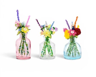 Handmade Beaded Flower Bouquet in Small Glass Bud Vase | Unique Desk Decor Gift