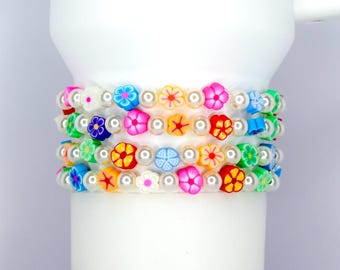 Rainbow Flower Handmade Beaded Stretch Bracelet