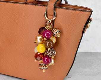 Fall Beaded Bag Charm: Gold and Burgundy Keychain Purse Accessory