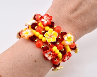 Orange Red Yellow and Gold Hibiscus Flower Bracelet Collection