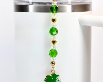 Saint Patrick's Day Tumbler Straw Charm: Green, Crystal and Gold Faceted Glass Bead Charm