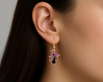 Black Cat Dangle Earrings: Halloween Witch Hat, Spooky Fall Jewelry