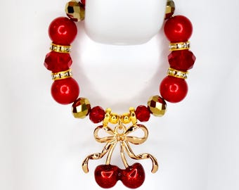 Red Gold Cherry Bow Charm Tumbler Handle Bracelet | Coquette Beaded Tumbler Accessory