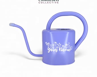 Personalized Watering Can Purple with Custom Word and Floral Design