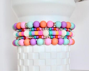 Colorful Pastel Beaded Bracelet Stack with Green, Purple, Orange and Pink Beads