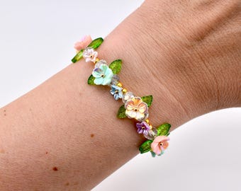 Pastel Flower Beaded Bracelet | Handmade Floral Stretch Jewelry | Spring Garden Charm