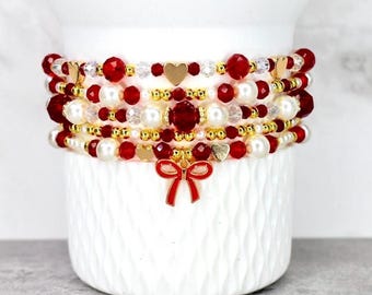 Red Ribbon Charm Bracelet Collection: Red, Gold and Pearl Beaded Bracelets