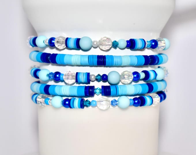 Blue Ombré Tumbler Bracelet Stack: Crystal Bead Cup Charm