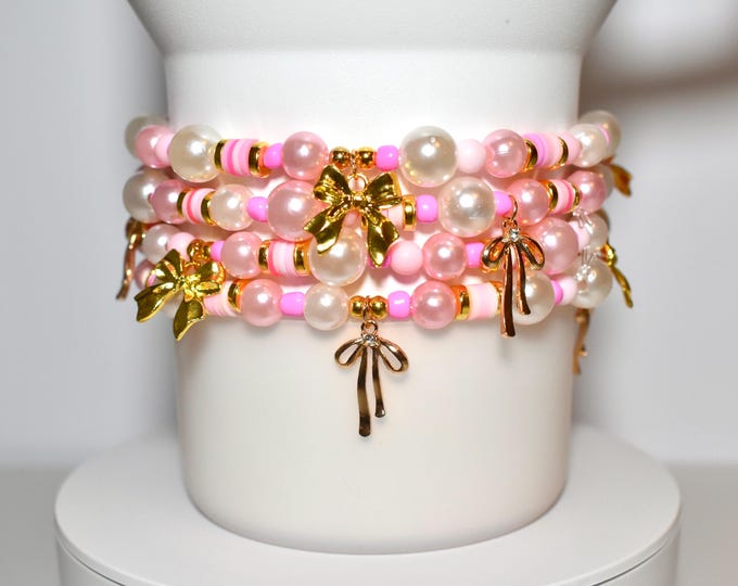 Gold Croquette Bow Charm and Light Pink Pearl Bracelets for Tumbler or Wrist