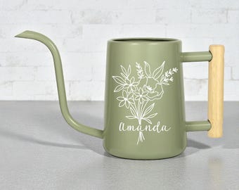 Personalized Watering Can Sage Green with Floral Bouquet and Customizable Name or Word Design