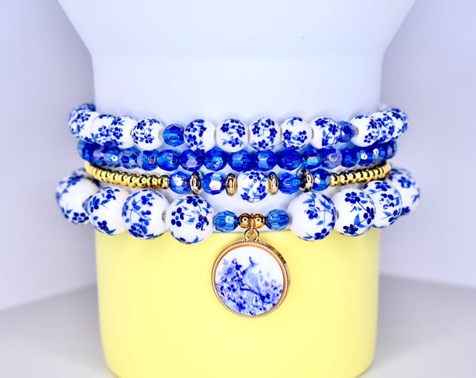 Blue and White Floral Bracelet Set of 4 – Tumbler or Wrist Stack