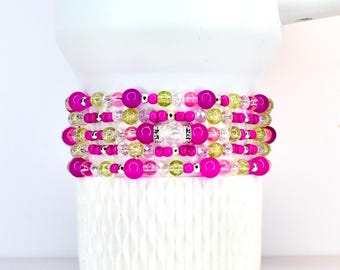Citron Mix Bracelet Collection: Green and Pink Beaded Bracelets with Silver Accents