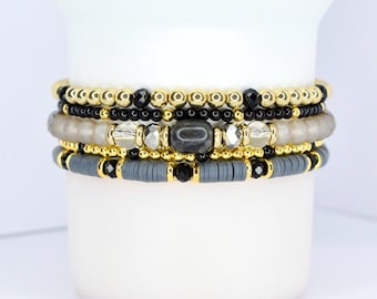 Midnight Luxe Bracelet Collection: Black Gray and Gold Beaded Bracelets
