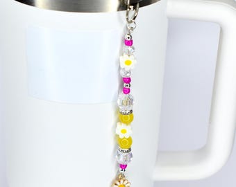 Yellow Pink Daisy Flower Tumbler Straw Charm
