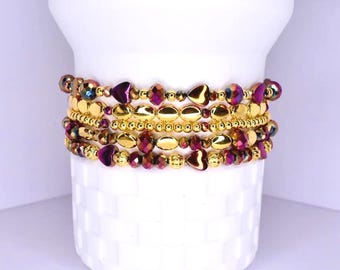 Country Gold Bracelet Collection - Dark Red and Gold Iridescent Beaded Bracelets