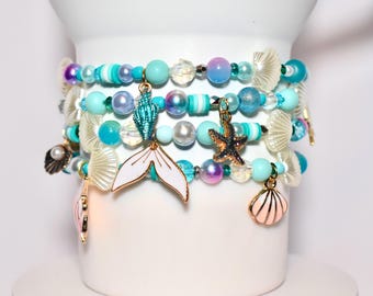 Beach Charm Bracelet Collection: Teal Blue and Silver Beaded Bracelets with Summer Charms