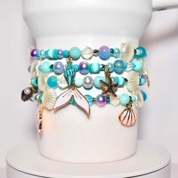 Beach Charm Bracelet Collection: Teal Blue and Silver Beaded Bracelets with Summer Charms