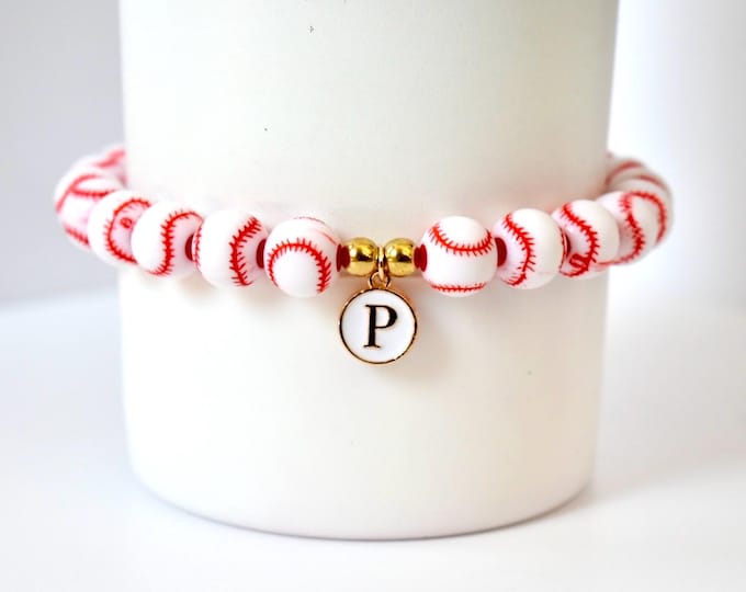 Baseball Bracelet Set: Initial Charm, Beaded Handle Bracelet