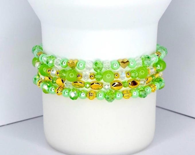 Light Green and Gold Beaded Bracelet Set of 4 – Tumbler or Wrist Stack – Sparkling Handmade Jewelry, Tumbler Accessories, Gift for Her