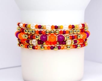Sunrise Catrina Bracelet Stack for Tumbler or Wrist, Set of 5: Orange and Purple Bracelets with Gold Accents