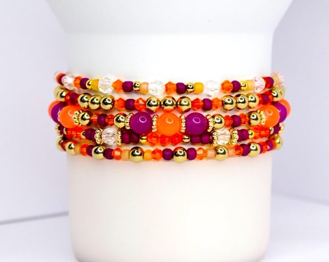 Sunrise Catrina Bracelet Stack for Tumbler or Wrist, Set of 5: Orange and Purple Bracelets with Gold Accents