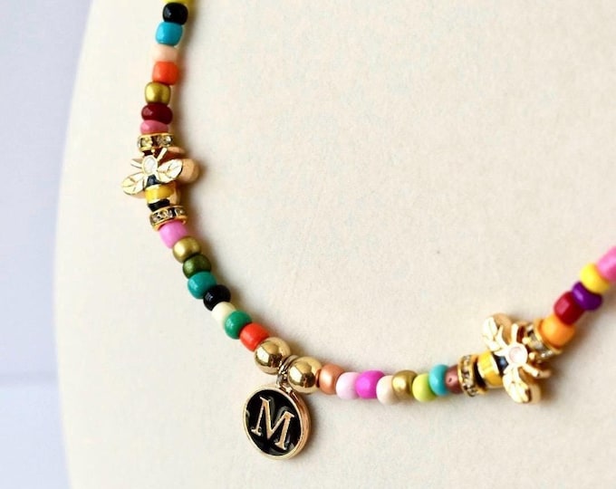 Rainbow Seed Bead Necklace: Custom Initial Charm, Bumblebee Accent