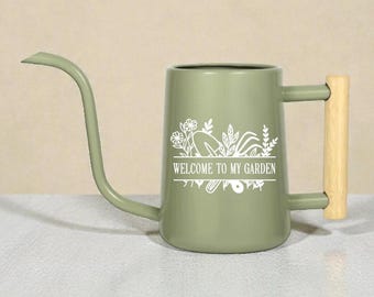 Personalized Watering Can with Flowers and Gardening Tools and Customizable Word Design