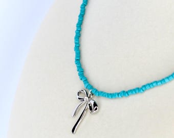 Bow Charm Necklace – Pink or Teal Beaded Choker
