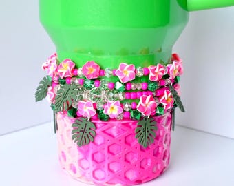 Tropical Paradise Bracelet Collection: Hot Pink Bracelets with Hibiscus Flower Beads and Monstera Charms