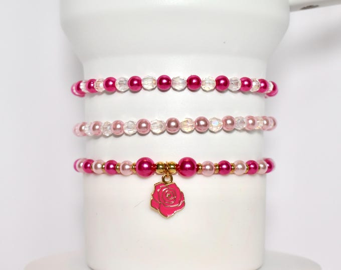 Pink Tumbler Bracelet Stack with Pink Rose Charm