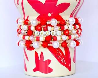 Red and Cream Personalized Beaded Bracelet Stack with Gold and Pearl Accent Beads