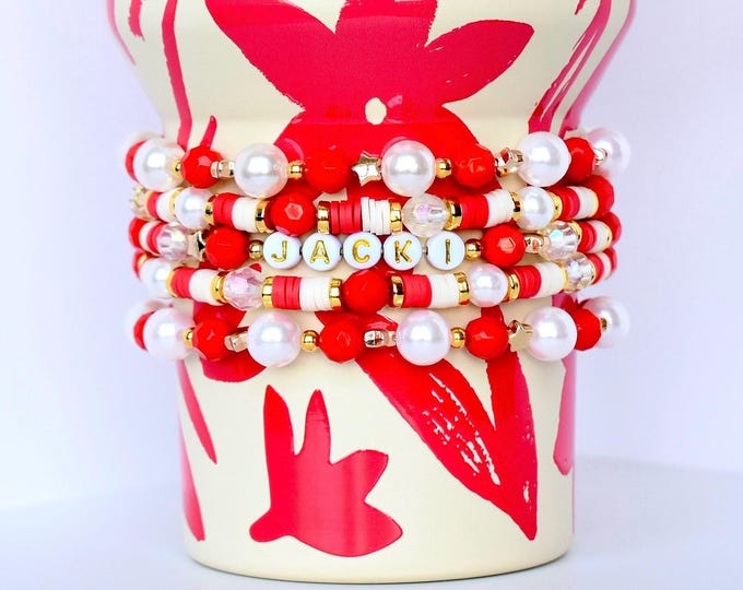 Red, Cream, and Pearl Tumbler Bracelet Stack with Gold Accents