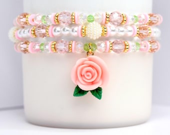 Pink Rose Charm Bracelet Collection: Light Pink, Pearl and Gold Beaded Bracelets