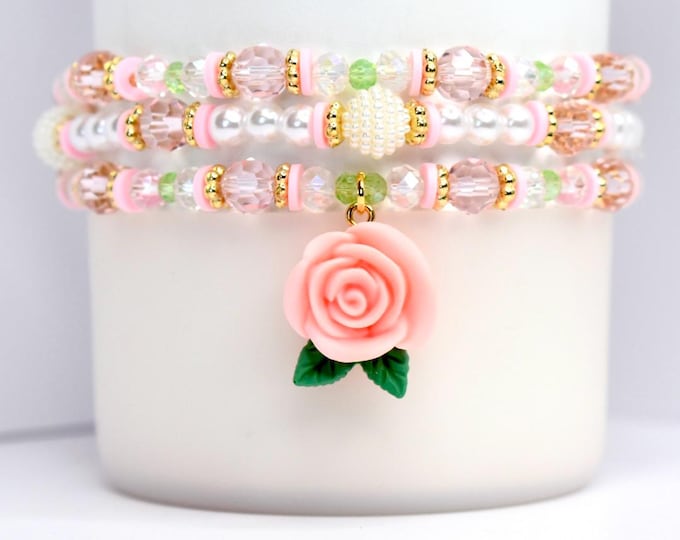 Pink Rose Charm Bracelet Set for Tumbler or Wrist, Set of 3