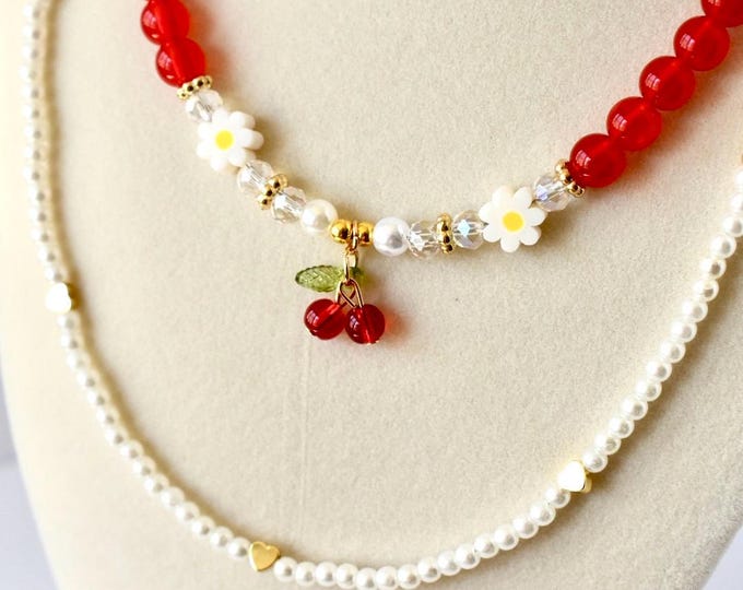 Layered Necklace Set: Cherry Charm, Daisy & Pearl Y2K Jewelry