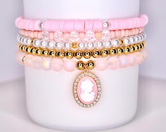 Pink Cameo Charm Bracelet Stack - 5 Piece Set