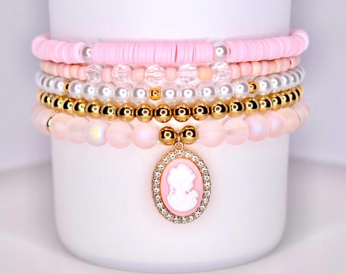 Featured listing image: Pink and Gold Cameo Charm Tumbler Bracelet Stack