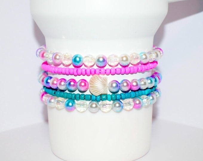 Seashell, Pink, Teal, and Pearl Tumbler Bracelet Stack
