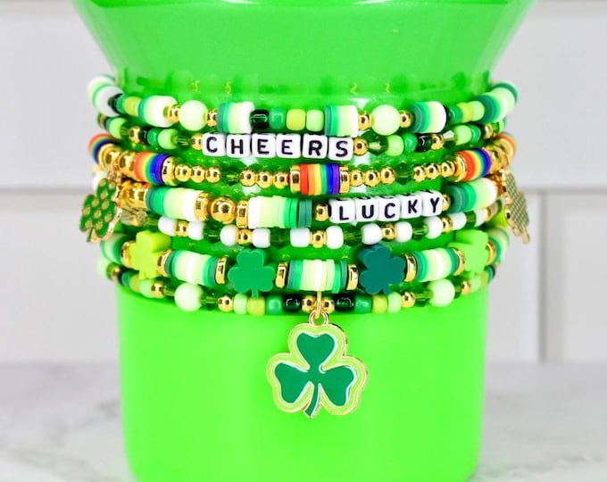 Featured listing image: St. Patrick's Day Bracelet Collection: Green and Gold Beaded Bracelets with Shamrock Bead Accents