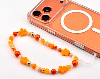 Orange Flower Power Beaded Phone Charm — Wrist Strap for Phone