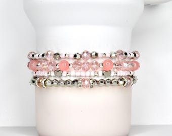 Tea Rose Tile Bracelet Collection: Peach Pink and Silver Beaded Bracelets