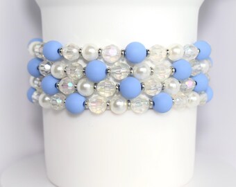 Baby Blue and Pearl Beaded Bracelet with Crystal and Silver Accents