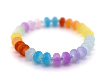 Rainbow Rondelle Beaded Bracelet with Light Blue Spacers